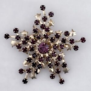 Vintage Atomic Star Snowflake Brooch Purple Rhinestone Mid Century Fashion